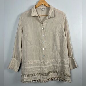 John Mark Women’s Tunic Blouse Beige Boho Pom Pom Trim Top Blouse Embellished S